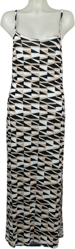 Angelle Milan – Travelkleding voor dames – Beige/Zwart/Wit Triangles Lange Jurk met Bandjes – Ademend – Kreukherstellend – Duurzame jurk - In 5 maten - Maat L