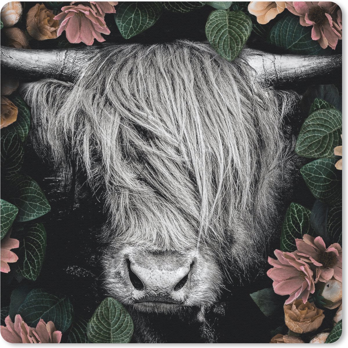 Muismat 20x20 cm - Mousepad Schotse hooglander - Bloemen - Zwart - Wit - Muismatten