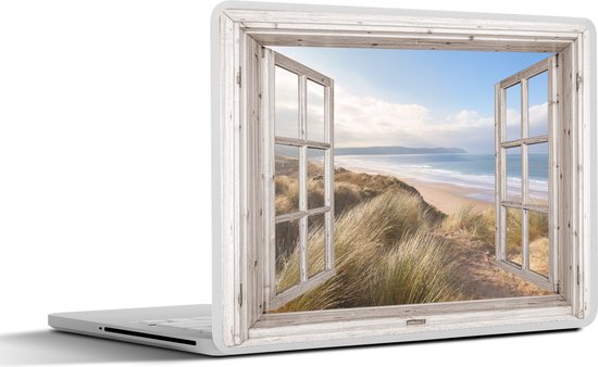 Foto: Laptop sticker 15 6 inch doorkijk strand zee duinen helmgras zand blauw 36x27 5cm laptopstickers laptop skin cover