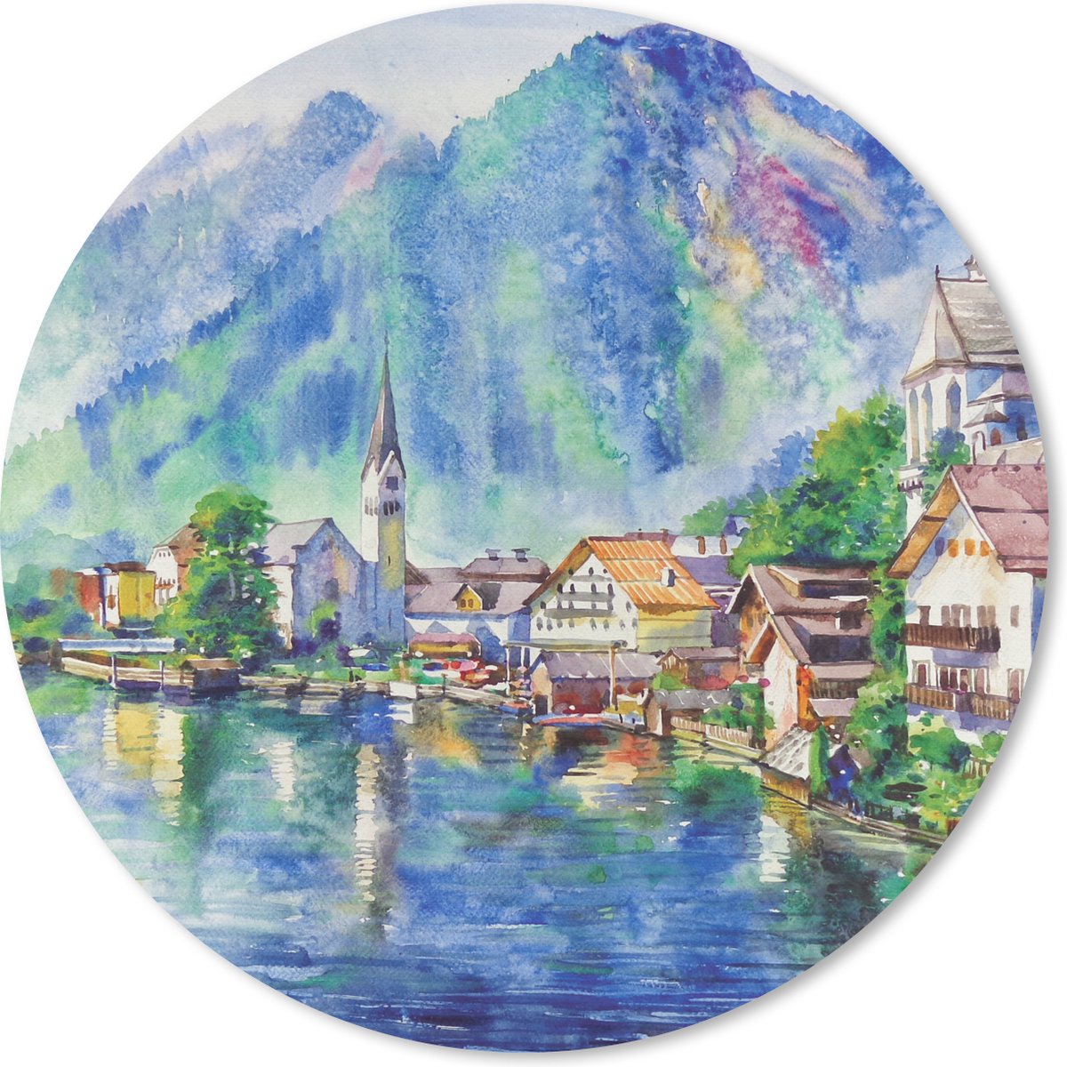 Muismat rond 50x50 cm - Mousepad Schilderij - Olieverf - Huis - Bergen - Water - Ronde muismatten
