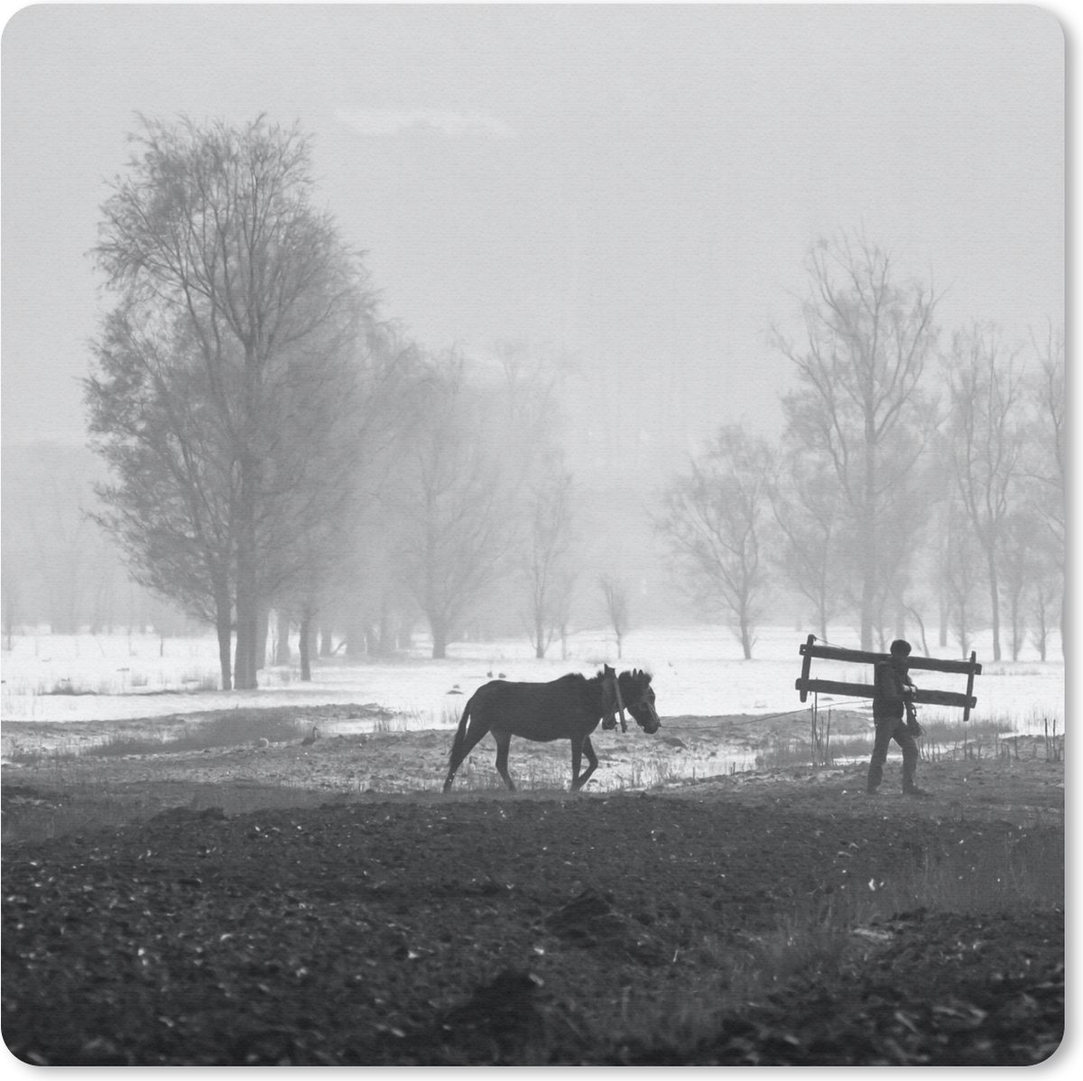 Muismat 30x30 cm - Mousepad Paard - Boerderij - Sneeuw - Muismatten
