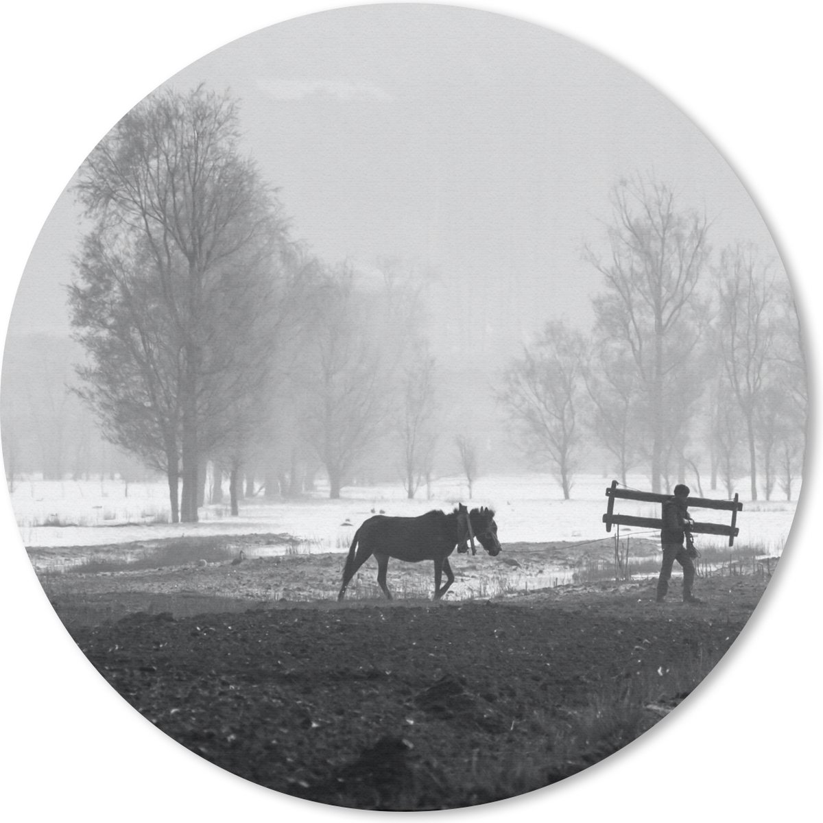 Muismat rond 30x30 cm - Mousepad Paard - Boerderij - Sneeuw - Ronde muismatten