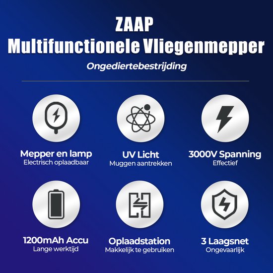 zaap® 2-in-1 Elektrische Vliegenmepper - 3000V - 1200mAh - Met Oplaadstation