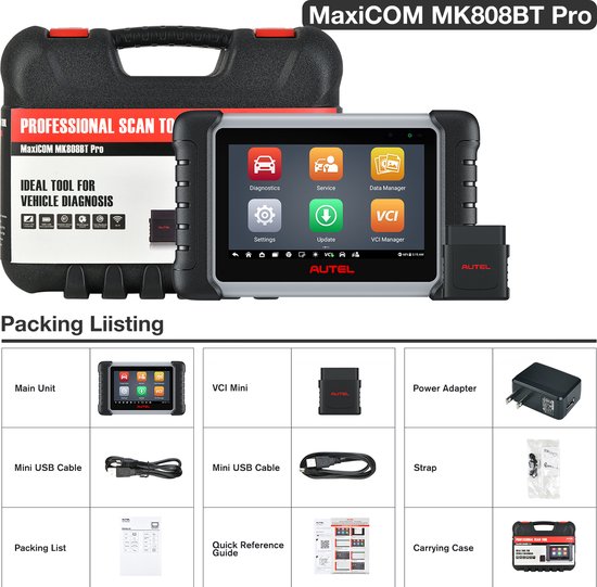 Autel MaxiCOM MK808BT PRO scan tool koffer met tablet, VCI module, adapter en kabels. Duidelijke 'Packing Listing' met afbeeldingen van alle onderdelen.