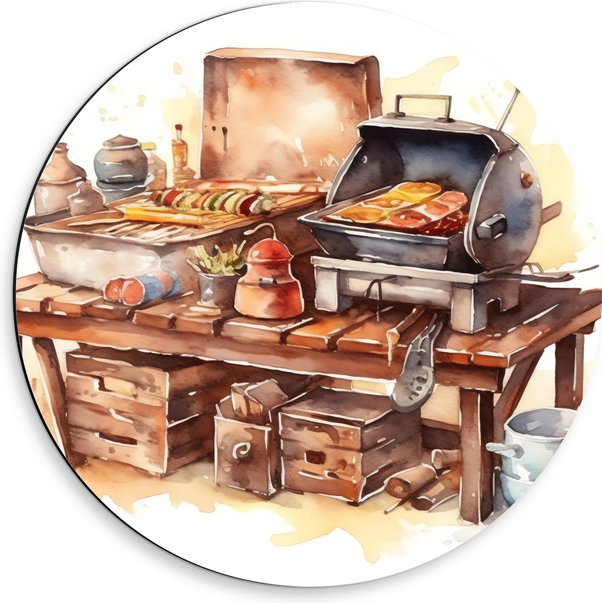 Dibond Muurcirkel - Waterverf Tekening met Barbecue en Eten - 50x50 cm Foto op Aluminium M