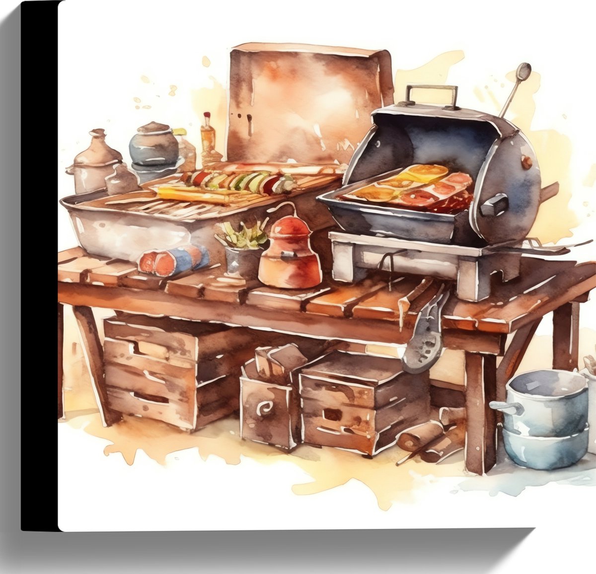 Canvas - Waterverf Tekening met Barbecue en Eten - 30x30 cm Foto op Canvas Schilderij (Wan