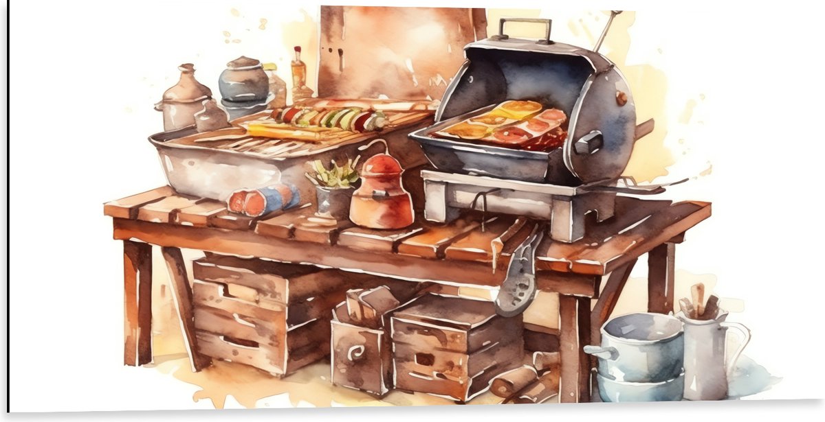 Dibond - Waterverf Tekening met Barbecue en Eten - 100x50 cm Foto op Aluminium (Met Ophang