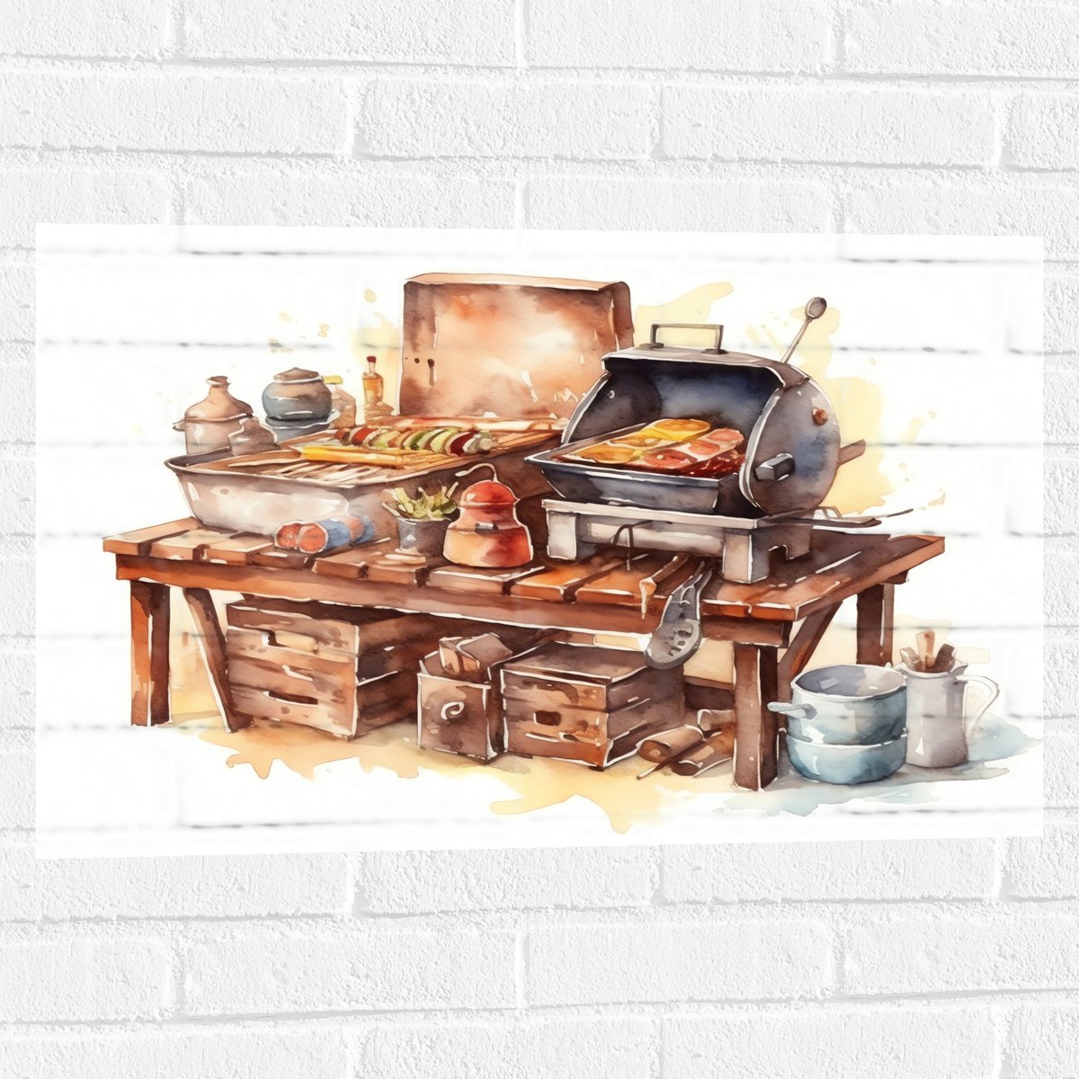 Muursticker - Waterverf Tekening met Barbecue en Eten - 75x50 cm Foto op Muursticker