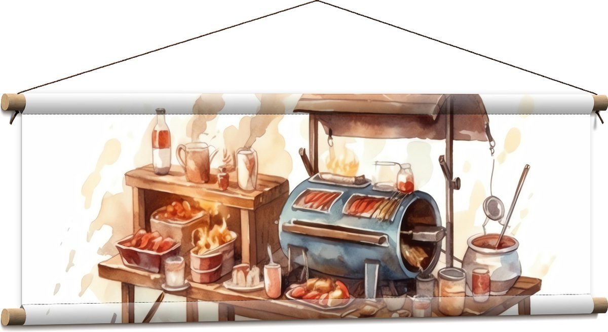 Textielposter - Tekening van Barbecue - 90x30 cm Foto op Textiel