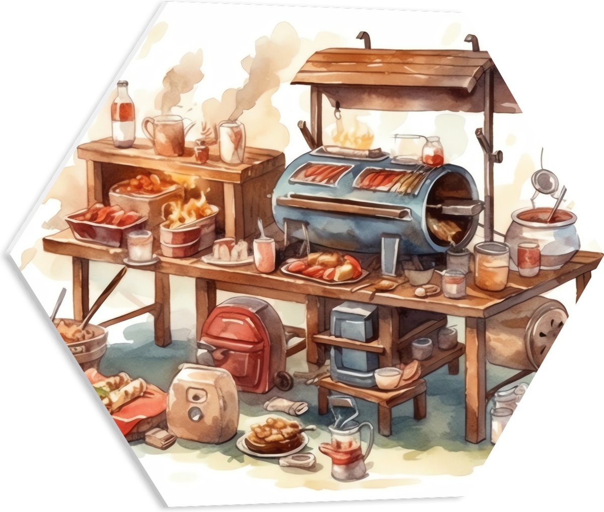 PVC Schuimplaat Hexagon - Tekening van Barbecue - 50x43.5 cm Foto op Hexagon (Met Ophangsysteem)