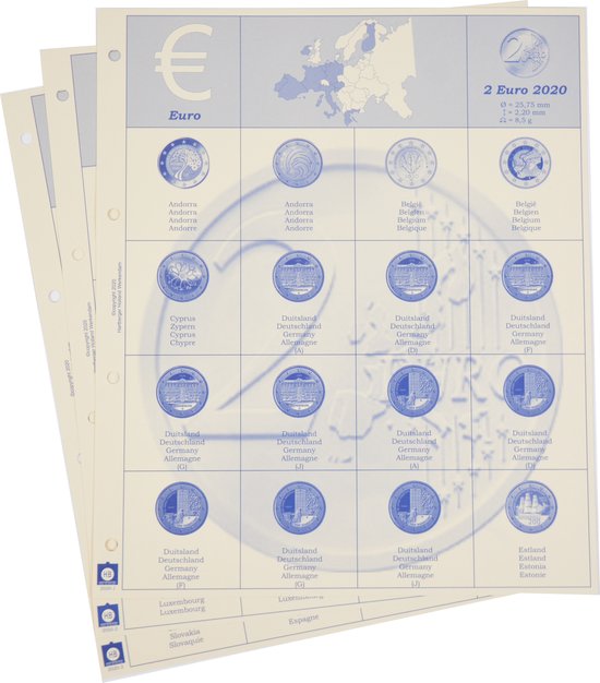 Een vel met afbeeldingen van 2-euromunten uit verschillende Europese landen met landennamen en muntinformatie.