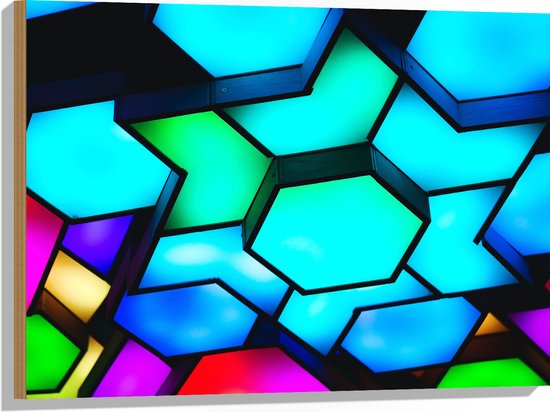 Hout - Verschillende Neon Kleurige Hexagons tegen Zwarte Achtergrond - 80x60 cm - 9 mm dik - Foto op Hout (Met Ophangsysteem)