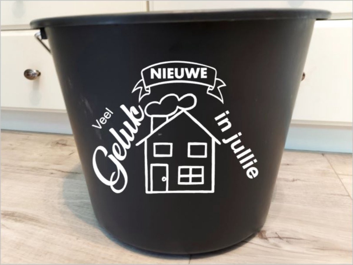 Goedkoopste Bedrukte emmer, Veel geluk in jullie nieuwe huis, Nieuwe woning, Cadeau emmer, Cadeau nieuwe woning