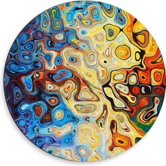 Dibond Muurcirkel - Mix van Blauwe, Gele en Oranje Rondjes - 50x50 cm Foto op Aluminium Muurcirkel (met ophangsysteem)
