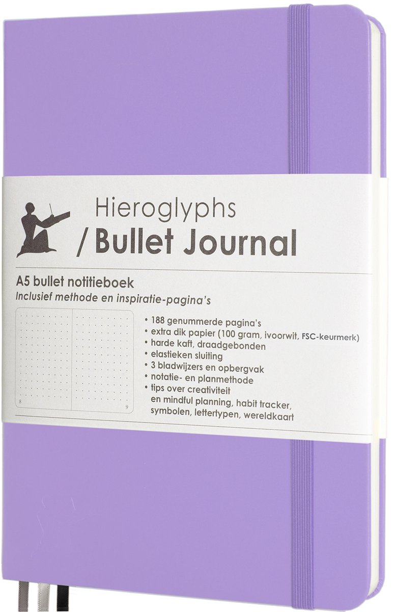 Hieroglyphs Bullet Journal - A5 Notitieboek - 100 Grams Papier - Hardcover Notebook Dotted - met Handleiding en Inspiratie - Nederlands - Lila - Hieroglyphs