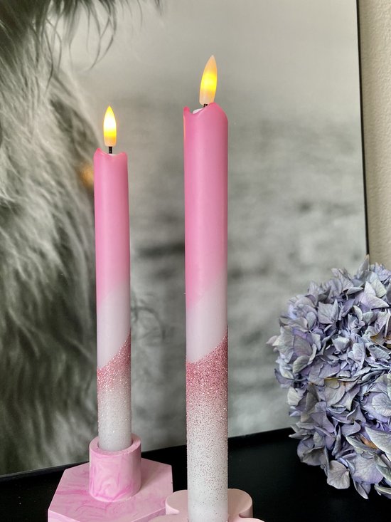 House17 Led kaarsen - Neon Roze met Roze Glitter - set van 2 stuks - Inclusief Batterij - Handgemaakt