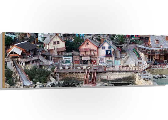 Hout - Kleine Baai met Kleurrijke Huisjes - 150x50 cm - 9 mm dik - Foto op Hout (Met Ophangsysteem)