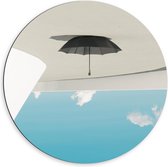 Dibond Muurcirkel - Zwarte Paraplu Hangend aan Wit Vlak bij Wolken - 60x60 cm Foto op Aluminium Muurcirkel (met ophangsysteem)