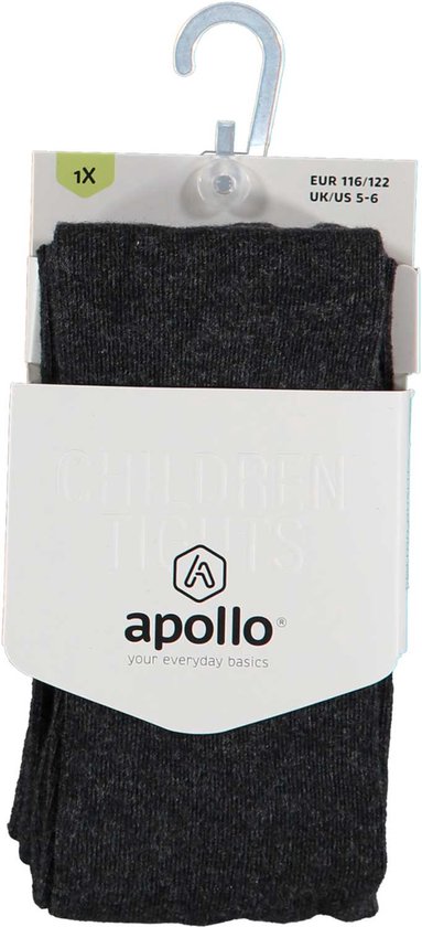 Donkergrijze kindermaillot van Apollo in maat 116/122. De maillot is verpakt in een kaart met productinformatie.