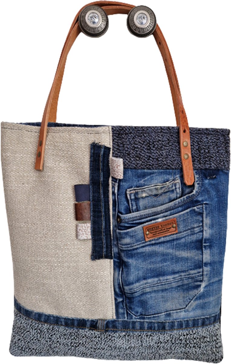 Toetie & Zo - Shopper Jeans - Patchwork - Beige - Blauw - Handgemaakt - Denim - Schoudertas - 35bx37h