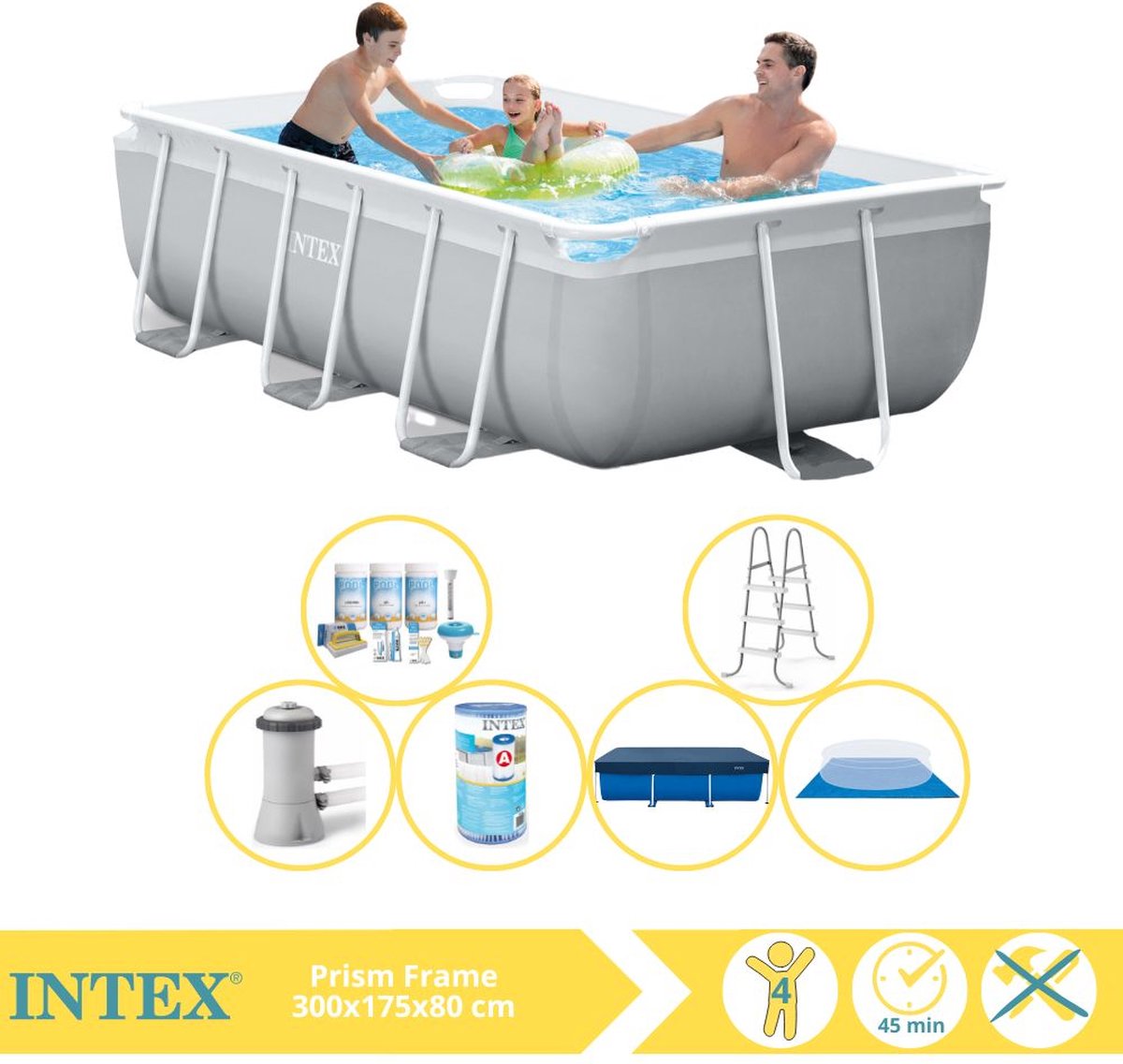 Intex Prism Frame Zwembad – Opzetzwembad – 300x175x80 cm – Inclusief Afdekzeil, Onderhoudspakket, Filter en Grondzeil