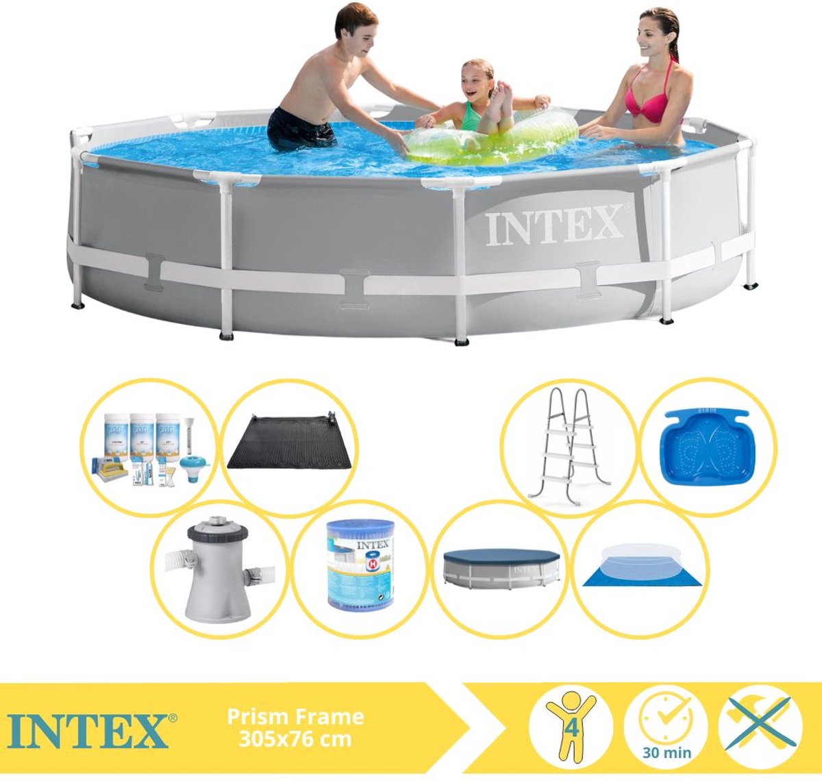 Intex Prism Frame Zwembad – Opzetzwembad – 305×76 cm – Inclusief Afdekzeil, Onderhoudspakket, Filter, Grondzeil, Solar Mat, Trap en Voetenbad