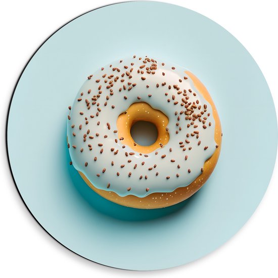 Dibond Muurcirkel - Donut met Lichtblauw Glazuur tegen Lichtblauwe Achtergrond - 30x30 cm Foto op Aluminium Muurcirkel (met ophangsysteem)