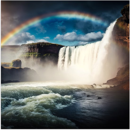 Poster (Mat) - Grote Heldere Regenboog boven Meer bij Watervallen - 100x100 cm Foto op Posterpapier met een Matte look