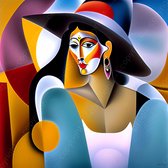 JJ-Art (Glas) 80x80 | Vrouw, Salvador Dali stijl, kleurrijk, felle kleuren, abstract, kunst | vierkant, portret, gezicht, tropisch, goud, groen, geel, blauw, rood, modern | Foto-schilderij-glasschilderij-acrylglas-acrylaat-wanddecoratie