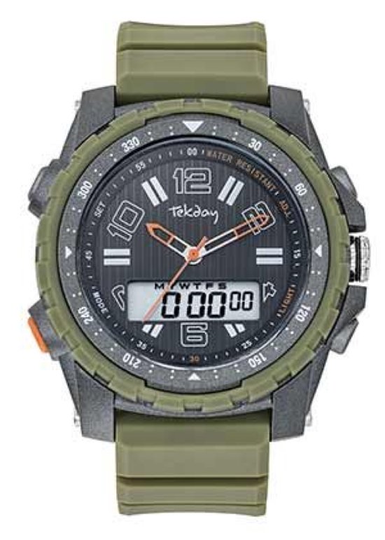 Tekday-Horloge-Digitaal/Analoog-Stopwatch-Alarm-Verlichting-Datum-Groen/Grijs-Silicone Band-49MM