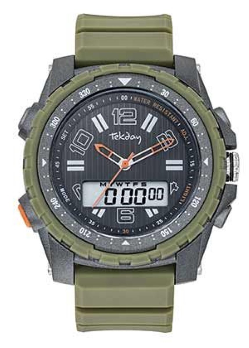 Tekday-Horloge-Digitaal-Analoog-Stopwatch-Alarm-Verlichting-Datum-Groen-Grijs-Silicone Band-49MM