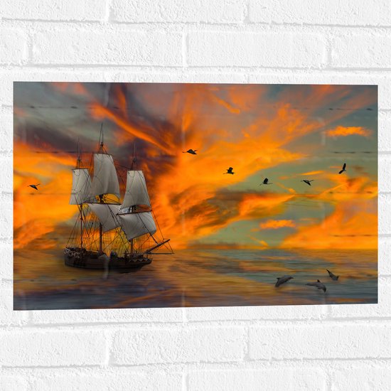 Muursticker - Schilderij van Vogels boven Zeilschip met Dolfijnen en Kleurrijke Lucht - 60x40 cm Foto op Muursticker