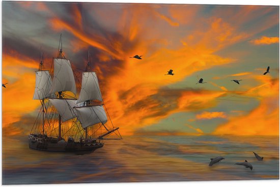 Vlag - Schilderij van Vogels boven Zeilschip met Dolfijnen en Kleurrijke Lucht - 75x50 cm Foto op Polyester Vlag