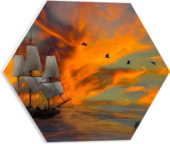 PVC Schuimplaat Hexagon - Schilderij van Vogels boven Zeilschip met Dolfijnen en Kleurrijke Lucht - 40x34.8 cm Foto op Hexagon (Met Ophangsysteem)