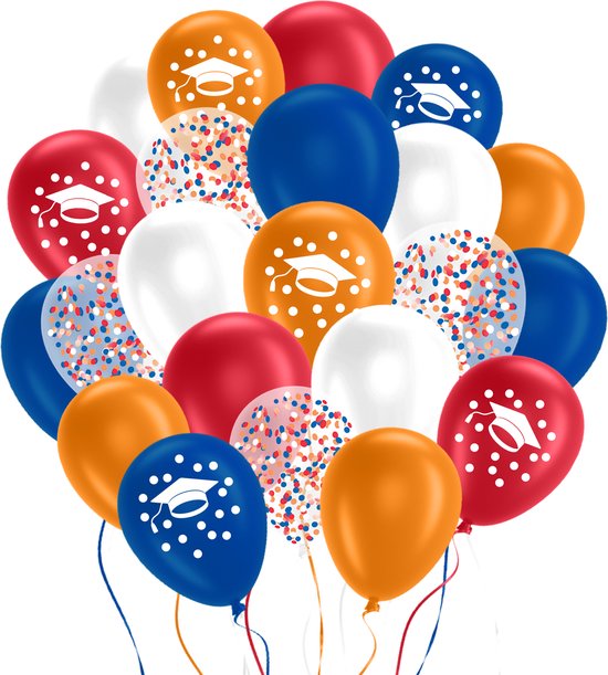 Geslaagd Ballonnen 48 stuks Rood, Wit, Blauw & Oranje met Lint – Geslaagd Versiering – Papieren Confetti – Partylove®