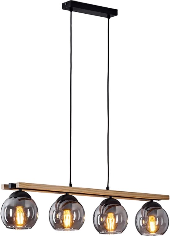 Hanglamp zwart, licht hout, 4-lichtbronnen - vintage, retro hanglamp zwart, 3-vlammig, Industrieel, modern Plafond Lamp voor Eetkamer, keuken, slaapkamer, woonkamer