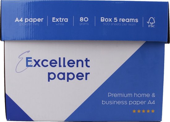 Excellent Papier A4 - 80 grammes - 1 boîte 5 paquets de 500 feuilles