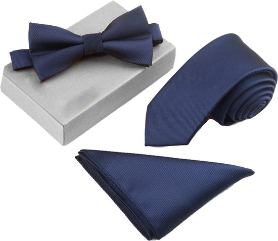 Stropdas inclusief vlinderdas en pochet - Royal Line - Donkerblauw - strik - stropdas heren
