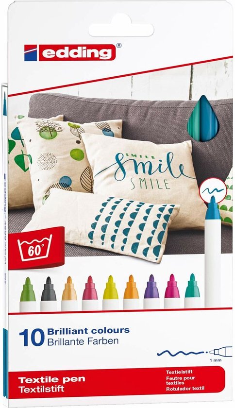 edding 4600 Feutre pour textiles - étui de 10 couleurs (fun) - pointe ronde de 1 mm - feutre textile lavable en machine (60 °C) pour décorer le tissu - marqueur textile