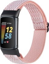 By Qubix - Geschikt voor Fitbit Charge 5 - Fitbit Charge 6 Elastische solo loop nylon bandje - Roze - Smartwatch Band - Horlogeband - Polsband