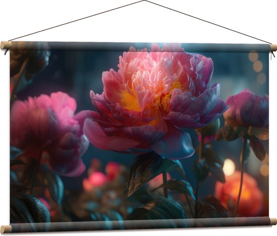 Textielposter - Close-up van Bloeiende Bloemen in het Donker - 90x60 cm Foto op Textiel
