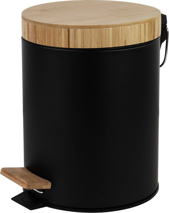 Poubelle à pédale design avec couvercle en bambou - noir mat / bois - Klein  format - 3L - | bol