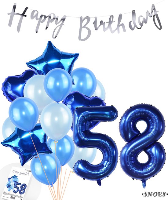 Snoes Ballonnen 58 Jaar Feestpakket – Versiering – Verjaardag Set Mason Blauw Cijferballon 58 Jaar - Heliumballon