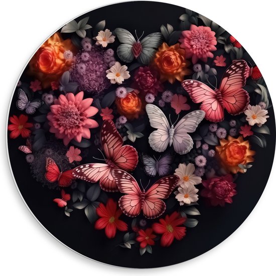 PVC Schuimplaat Muurcirkel - Hart van Verschillende Bloemen en Vlinders tegen Zwarte Achtergrond - 50x50 cm Foto op Muurcirkel (met ophangsysteem)