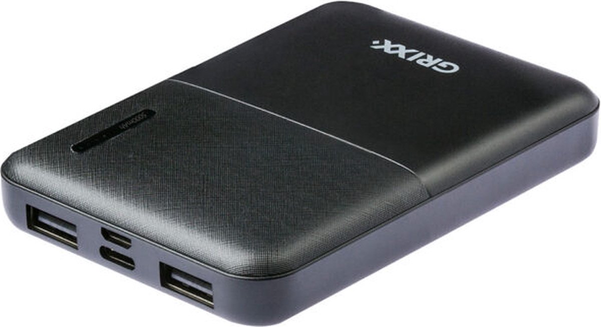 Grixx Powerbank 5000mAh met Micro USB en USB-C Poort Zwart incl. kabel - 3 outputs - led indicator
