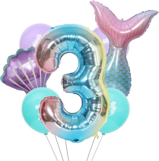 Mermaid Verjaardag Ballonnen - Verjaardag: 3 Jaar - 7st Ballonnen - Thema Feest Mermaid - Zeemeermin Kinderfeestje - Zeemeermin Verjaardag Decoratie