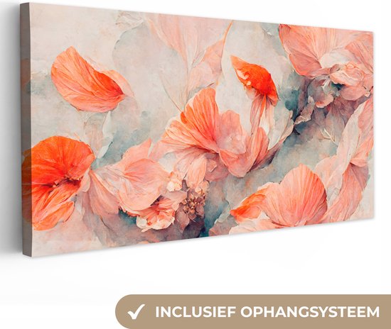 Canvas Schilderij Bloemen - Bladeren - Planten - Roze - 80x40 cm - Wanddecoratie