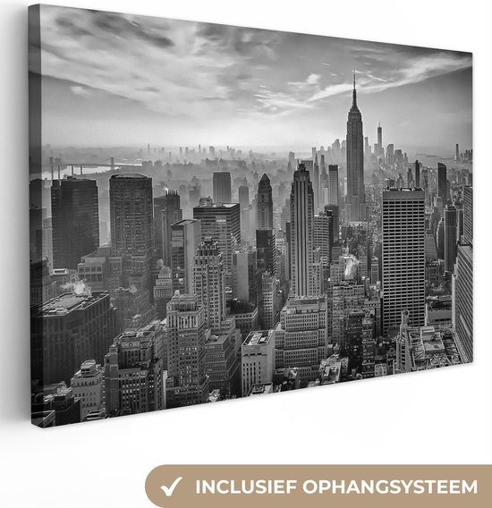 Canvas schilderij - New York zwart wit 120x80 - Kamer decoratie accessoires - Black and white - Skyline schilderijen woonkamer - Wanddecoratie slaapkamer - Muurdecoratie keuken - Wanddoek interieur - Woondecoratie huis - Woonaccessoires