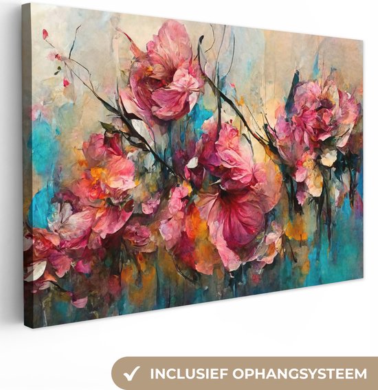 Canvas schilderij bloemen - Kunst - Roze - Canvas doek - Schilderijen op canvas - Woonkamer decoratie - Slaapkamer - 60x40 cm - Wanddecoratie - Foto op canvas - Muurdecoratie - Kamer decoratie