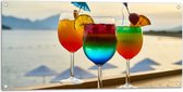 Tuinposter – Kleurrijke Cocktails met Uitzicht op Zee - 100x50 cm Foto op Tuinposter (wanddecoratie voor buiten en binnen)